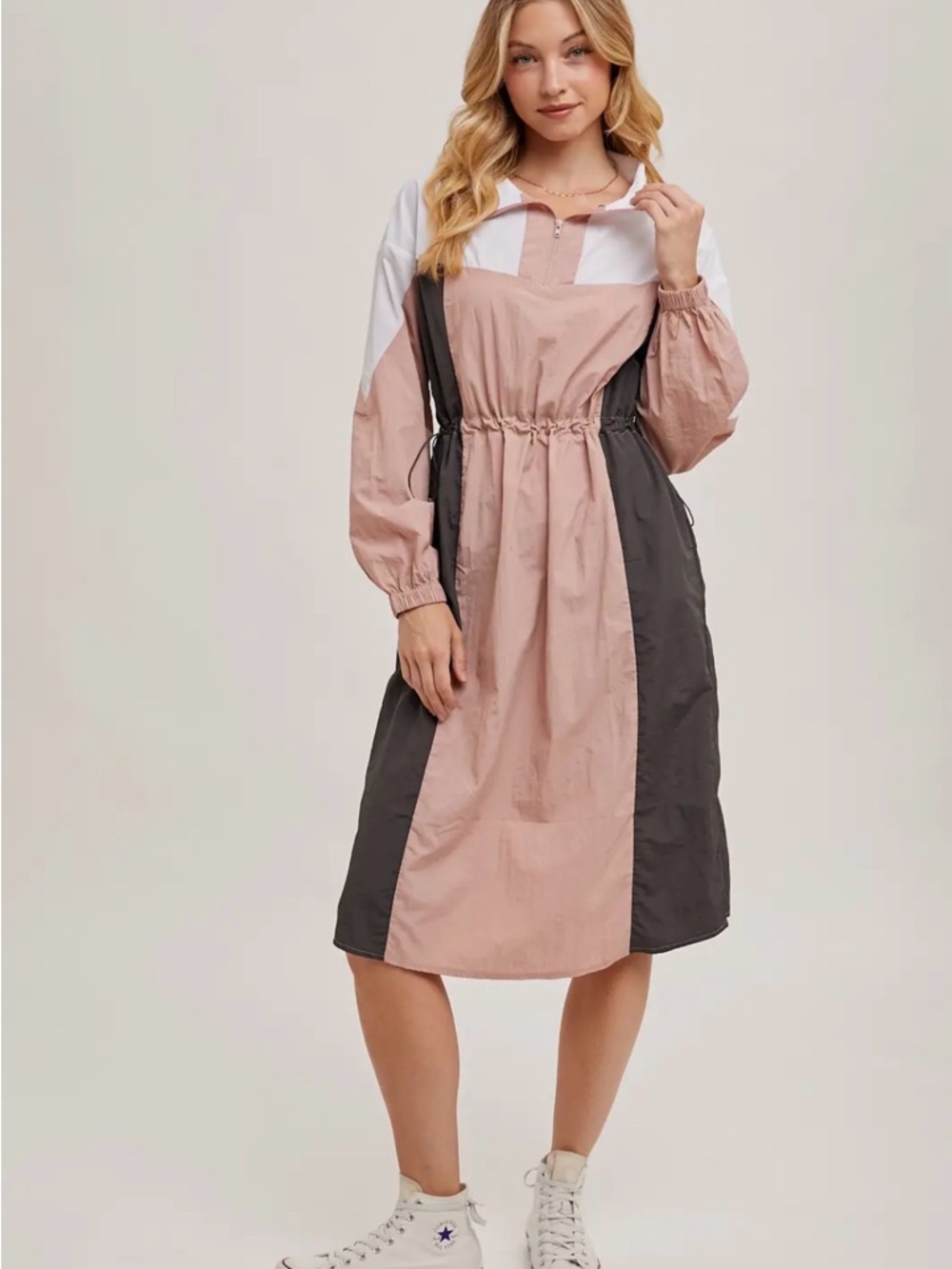 Colorblock Pink and Charcoal Drawstring Waist Dress